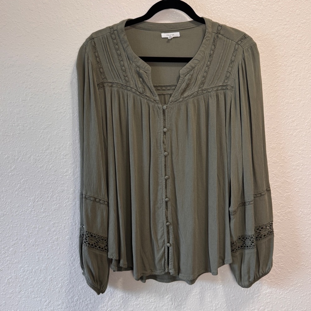 Maurice’s Olive Green Lace Button Long Sleeve Peasant Blouse Women’s XL
